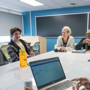 Students speaking in seminar class, LB 393