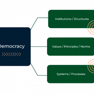 Democracy graphic. Democracy includes institutions and structures, values, principles and norms, and systems and processes